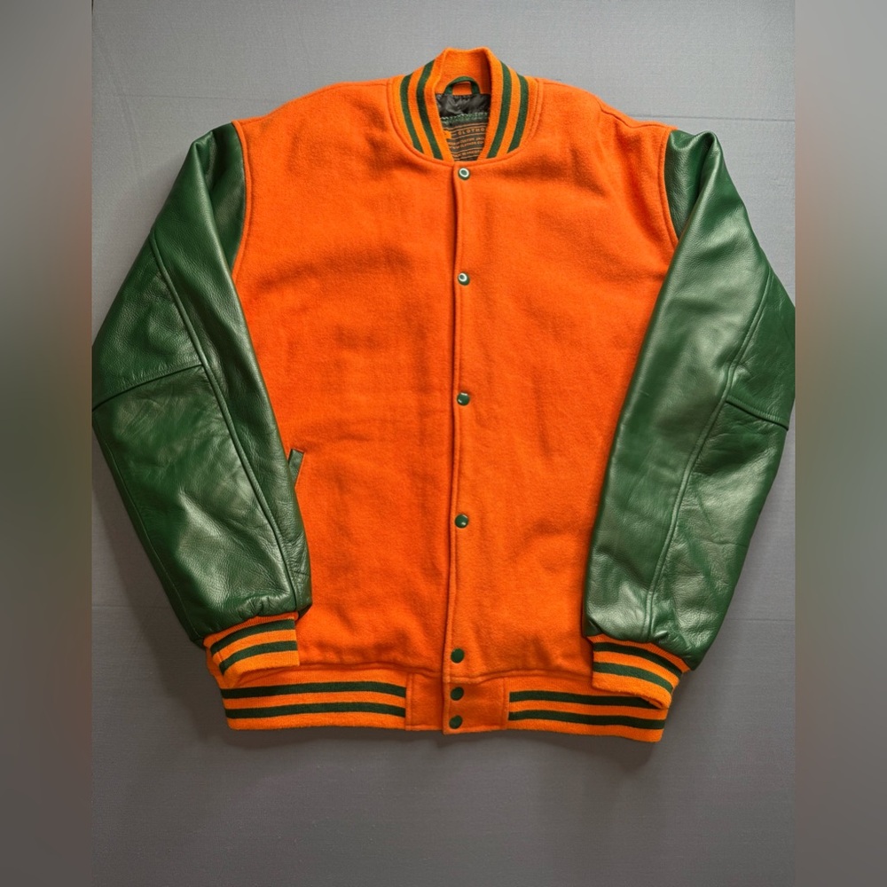 Clothoo Green Wool Body & Orange Leather Sleeves Varsity Jacket 29Lx23W
